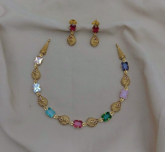 Gold-Toned Stone Studded Necklace With a pair of Earrings