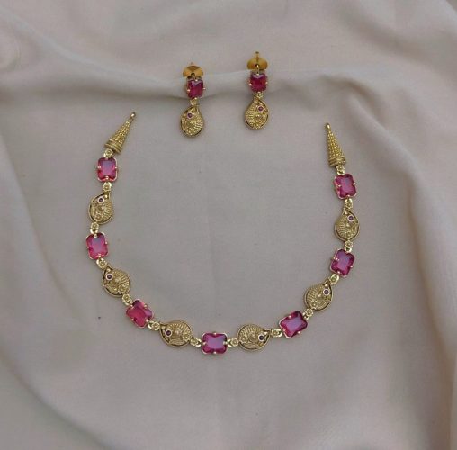 Gold-Toned Stone Studded Necklace With a pair of Earrings