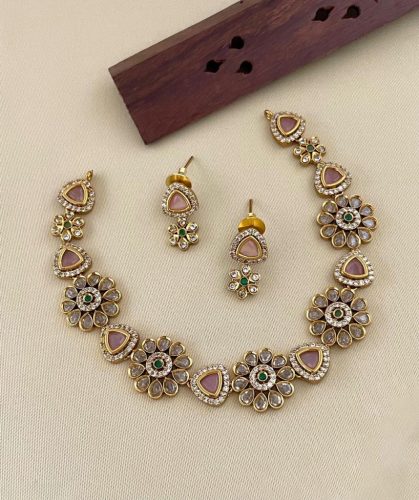 AD Stone Studded Floral Necklace With a pair of Earrings