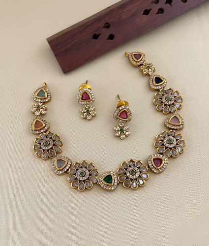 AD Stone Studded Floral Necklace With a pair of Earrings