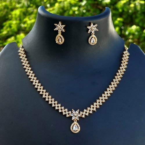 Gold plated CZ diamond finish necklace with a pair of Earrings