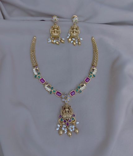 AD Stone Studded Lakshmi Necklace With a pair of Earrings