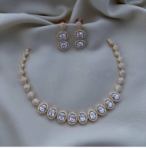 AD Stone Studded round short Necklace With a pair of Earrings